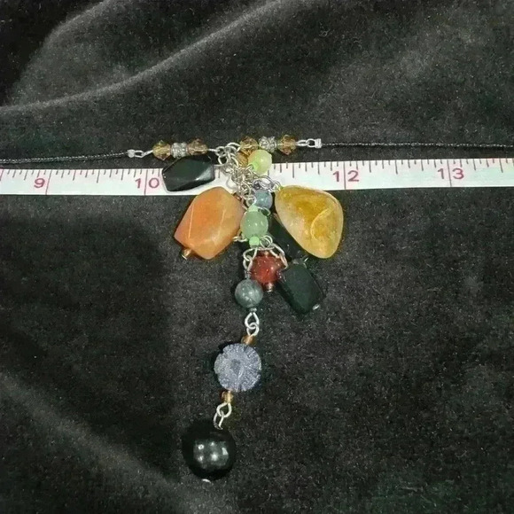 Boho Gemstone Beaded Necklace Carnelian Jade Cluster Drop Pendant - Picture 3 of 7